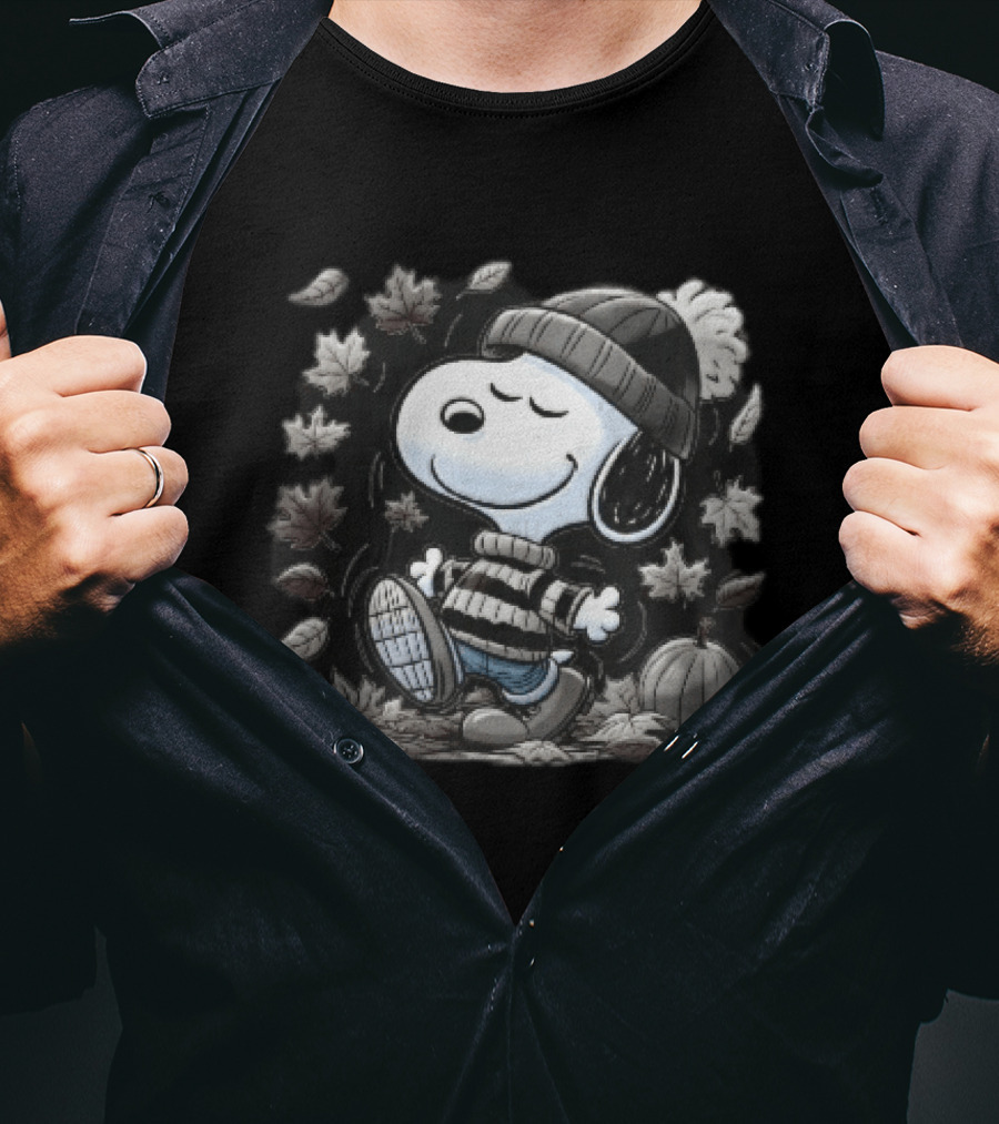 Snoopy Walking Beanie Striped Sweater Autumn Leaves Pumpkin Cartoon T-Shirt