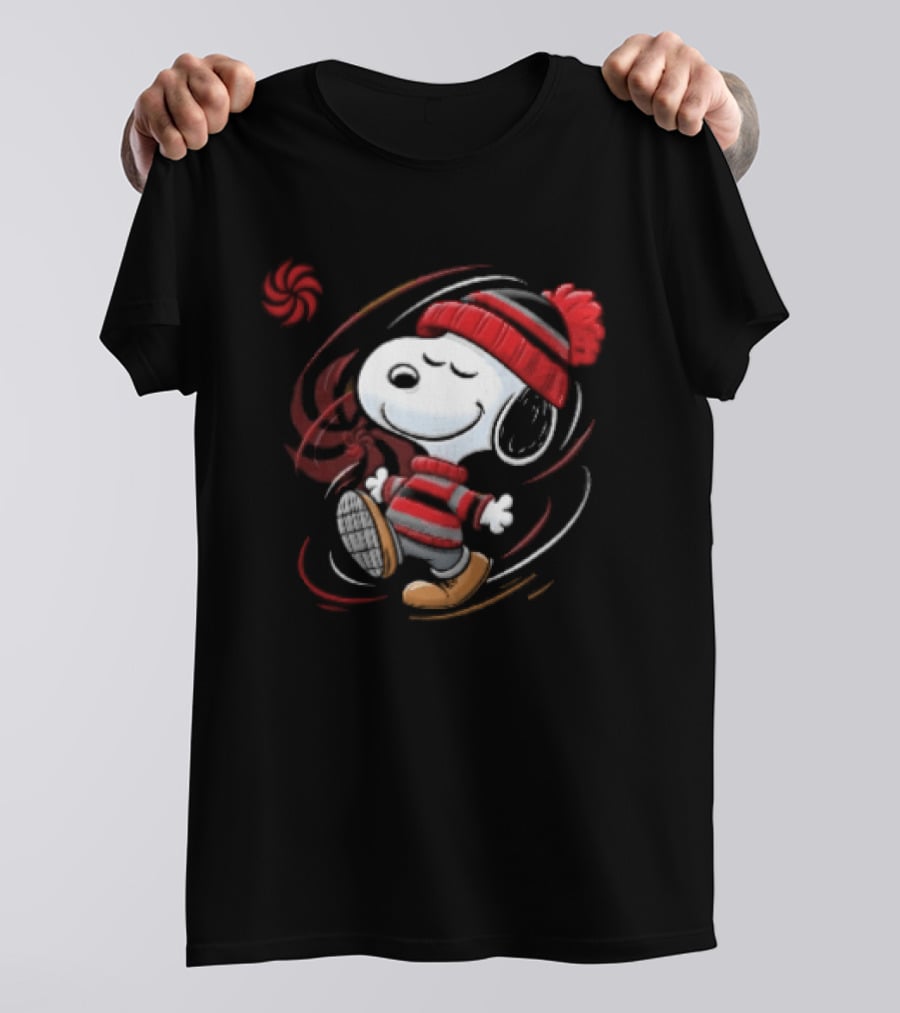 Snoopy Walking Red Black Striped Beanie Swirl Cartoon T-Shirt