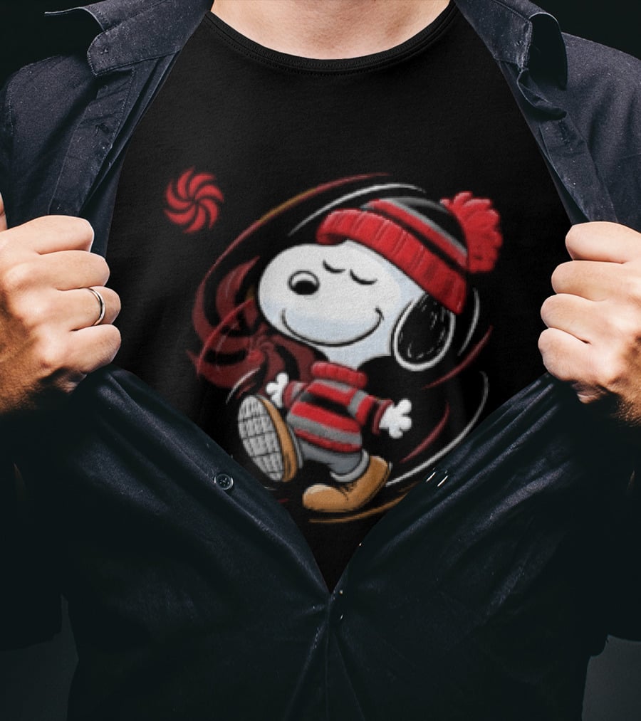 Snoopy Walking Red Black Striped Beanie Swirl Cartoon T-Shirt