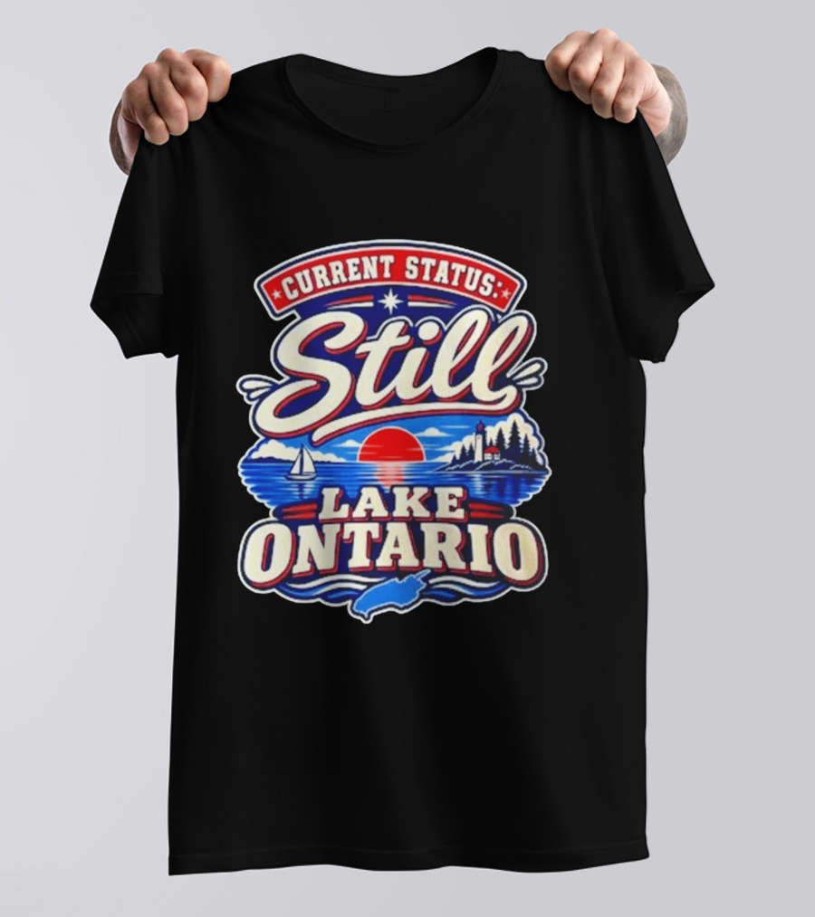 Current Status Still Lake Ontario Sunset Sailboat Lighthouse Scene T-Shirt