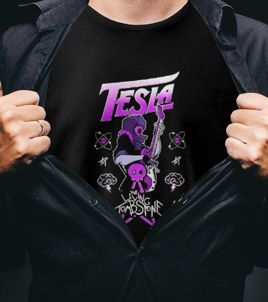 Tesla The Living Tombstone Purple Hooded Skull Mask Electric Guitar Pixel T-Shirt