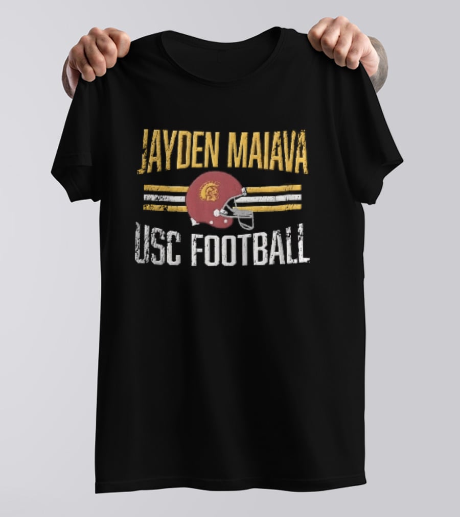 Jayden Maiava USC Football Distressed Helmet Yellow Stripes T-Shirt