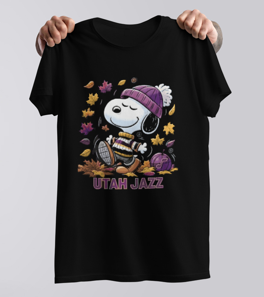 Utah Jazz Snoopy Cartoon Walking In Autumn Leaves Purple Beanie Basketball T-Shirt
