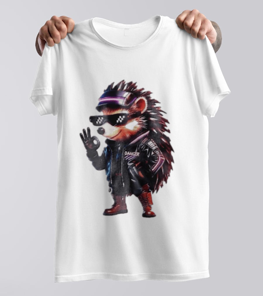 Danger Hedgehog Pixel Sunglasses Leather Jacket T-Shirt