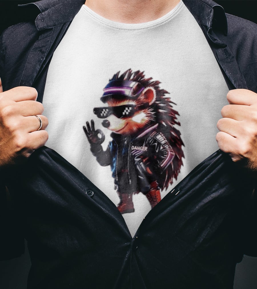 Danger Hedgehog Pixel Sunglasses Leather Jacket T-Shirt