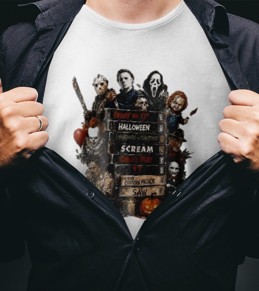 Friday The 13th Halloween Nightmare On Elm Street Scream Child's Play IT Texas Chainsaw Massacre Saw Horror Movie Stack T-Shirt