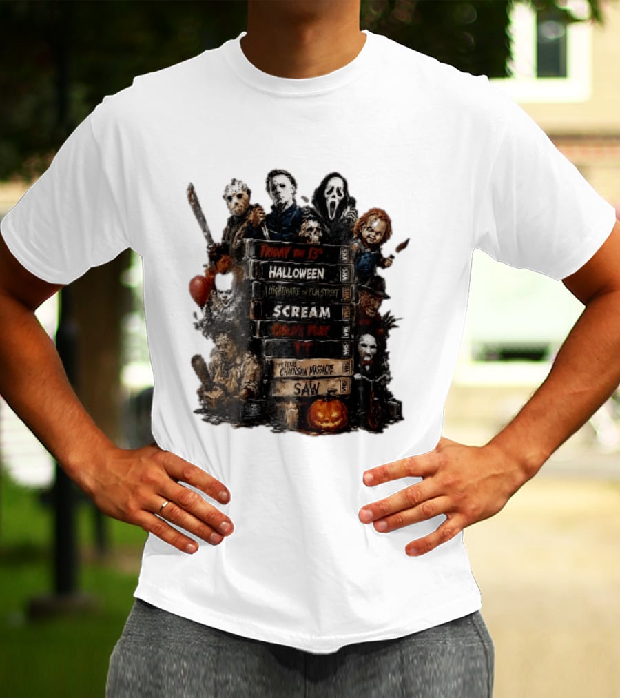 Friday The 13th Halloween Nightmare On Elm Street Scream Child's Play IT Texas Chainsaw Massacre Saw Horror Movie Stack T-Shirt