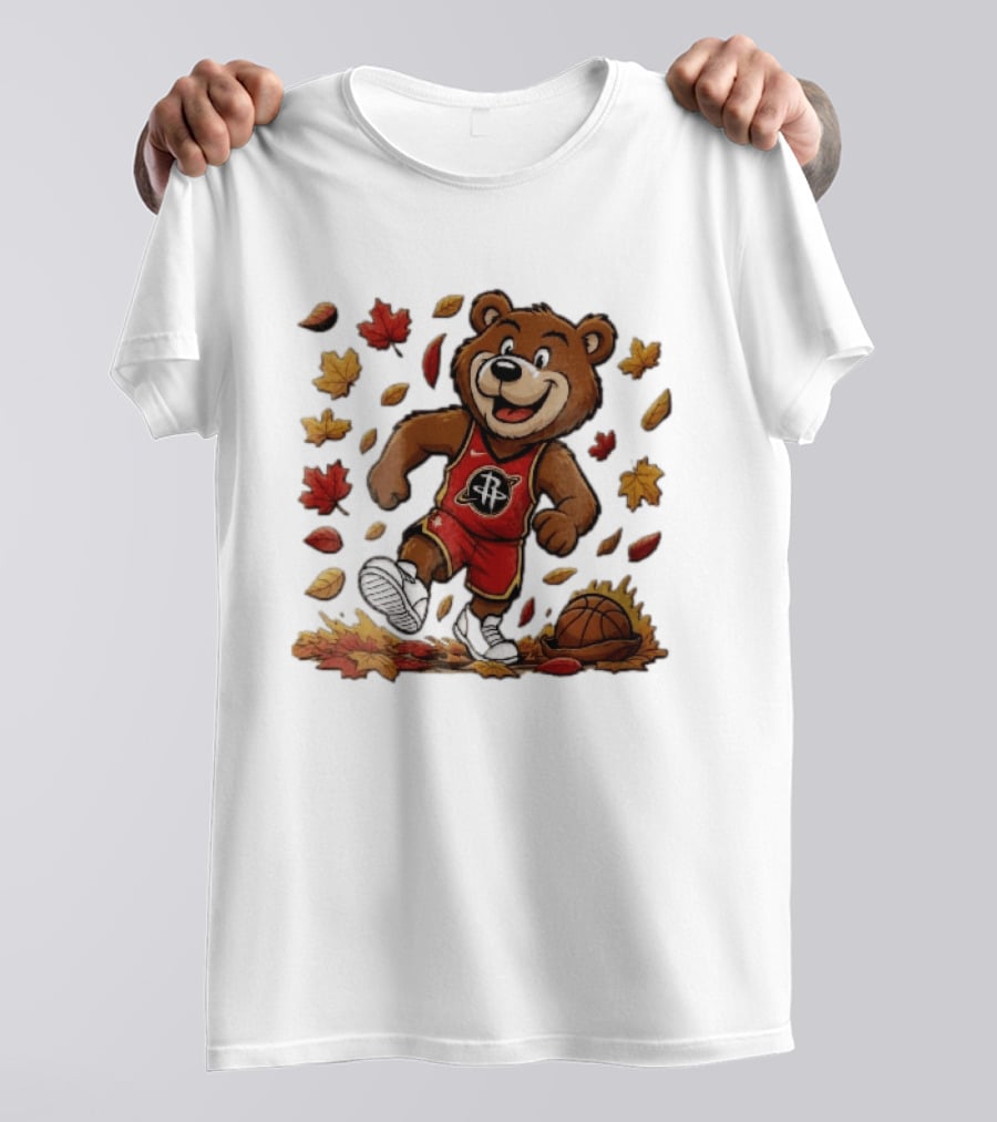 Houston Rockets Clutch The Bear Running With Basketball And Autumn Leaves T-Shirt
