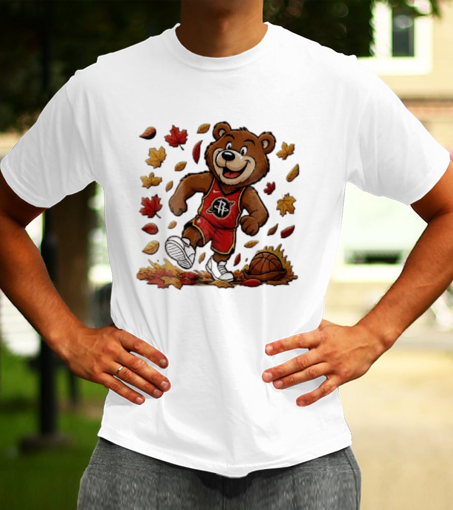 Houston Rockets Clutch The Bear Running With Basketball And Autumn Leaves T-Shirt