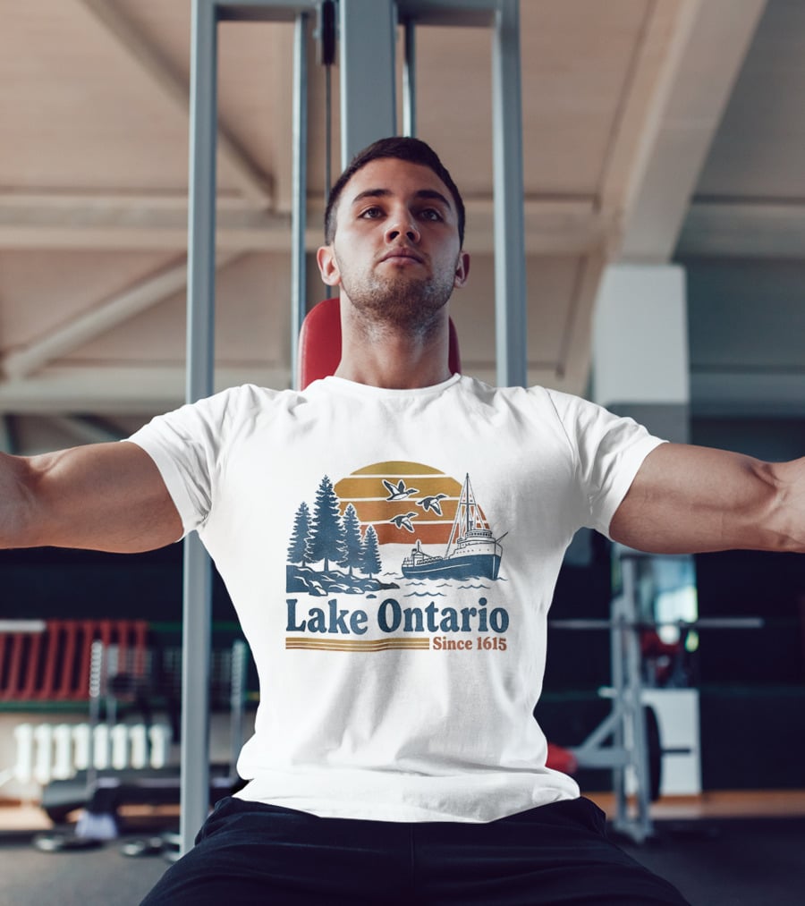 Lake Ontario Great Lakes Since 1615 Scenic Sunrise With Ship And Trees T-Shirt