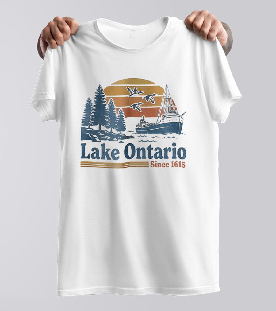 Lake Ontario Great Lakes Since 1615 Scenic Sunrise With Ship And Trees T-Shirt