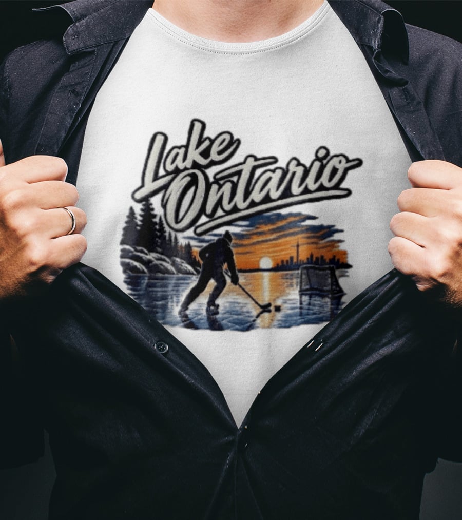 Lake Ontario Ice Hockey Player Skating Sunset Toronto Skyline T-Shirt