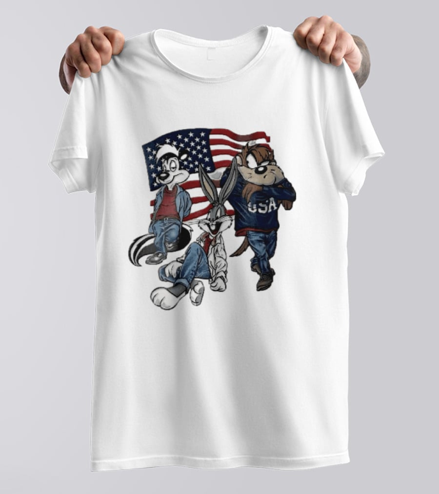 Looney Tunes Pepe Le Pew Bugs Bunny Tasmanian Devil USA American Flag Caricature T-Shirt