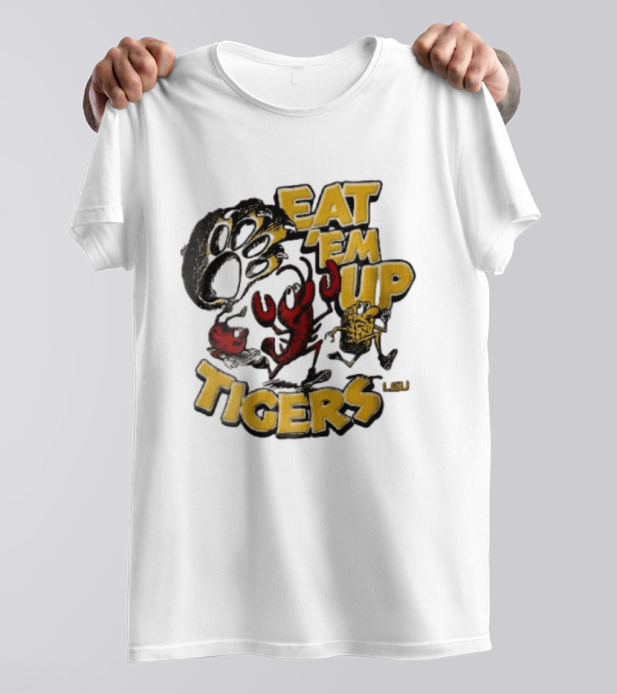 LSU Tigers Eat Em Up Cartoon Crawfish Corn Bean Paw Running T-Shirt