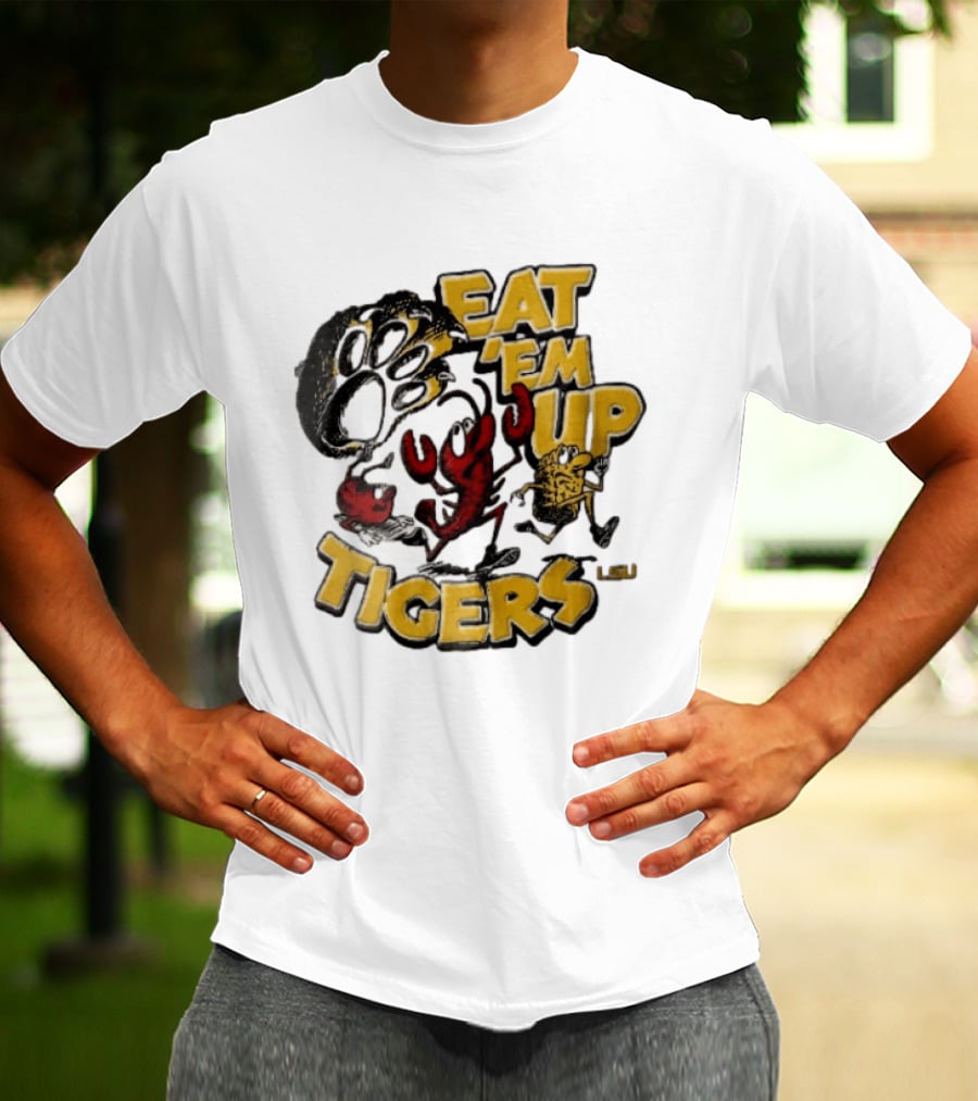 LSU Tigers Eat Em Up Cartoon Crawfish Corn Bean Paw Running T-Shirt
