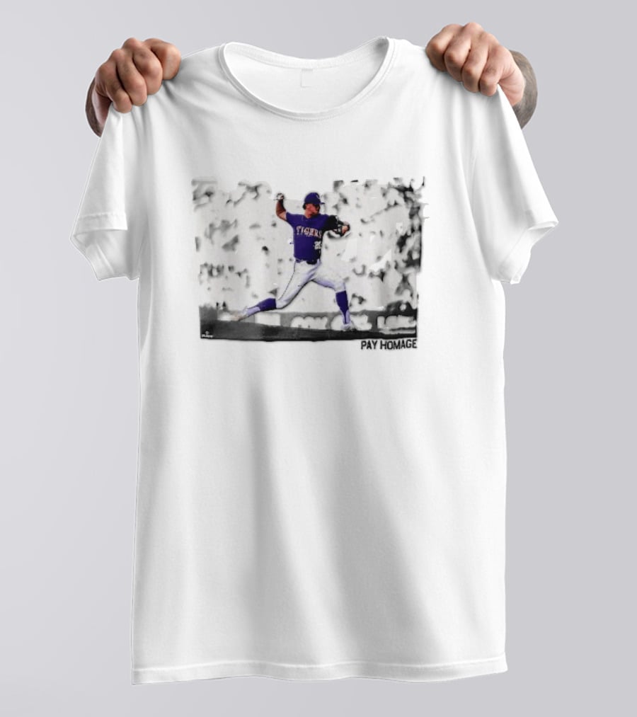 LSU Tigers NCAA Pitcher Action Pay Homage High Contrast T-Shirt