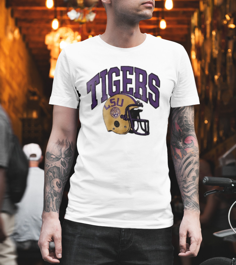 LSU Tigers Yellow Football Helmet Purple Arched Letters NCAA T-Shirt