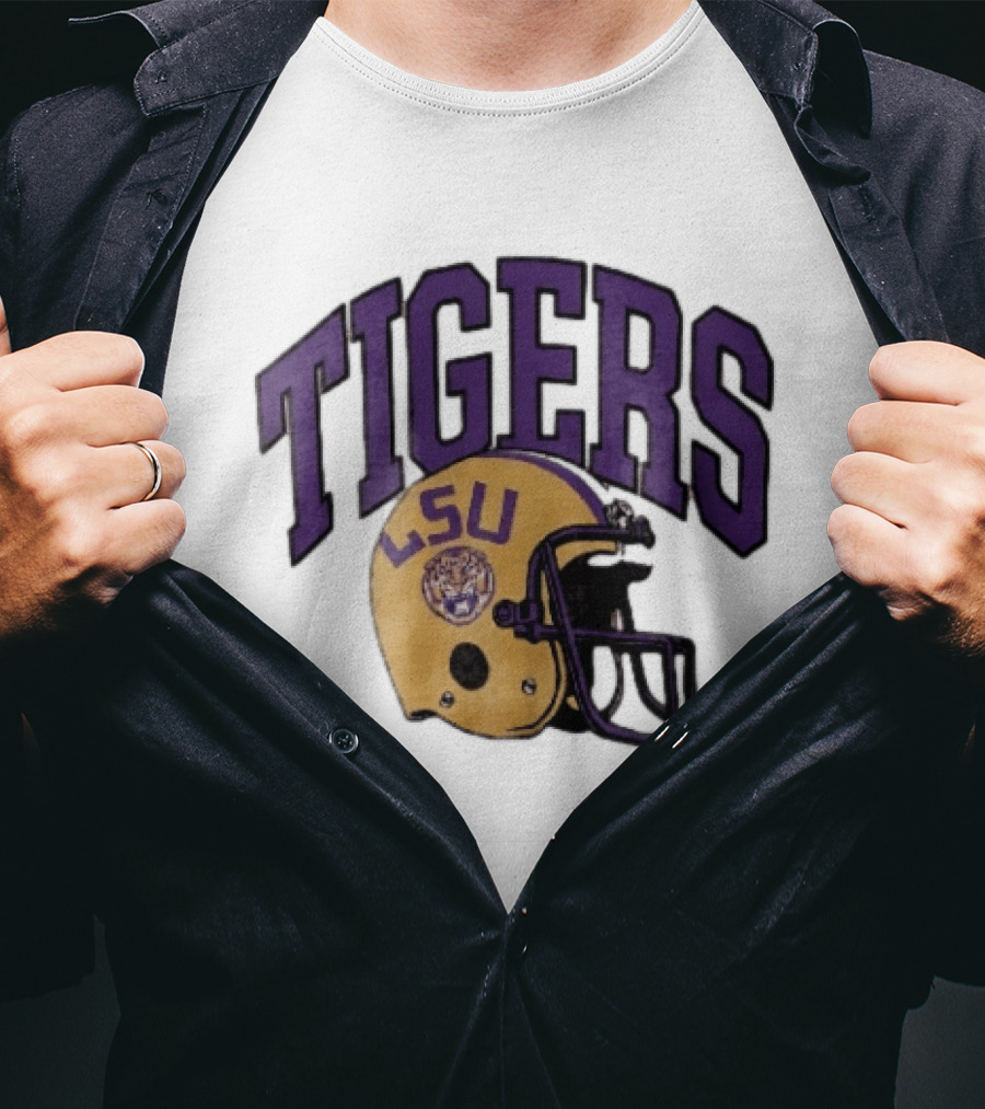 LSU Tigers Yellow Football Helmet Purple Arched Letters NCAA T-Shirt