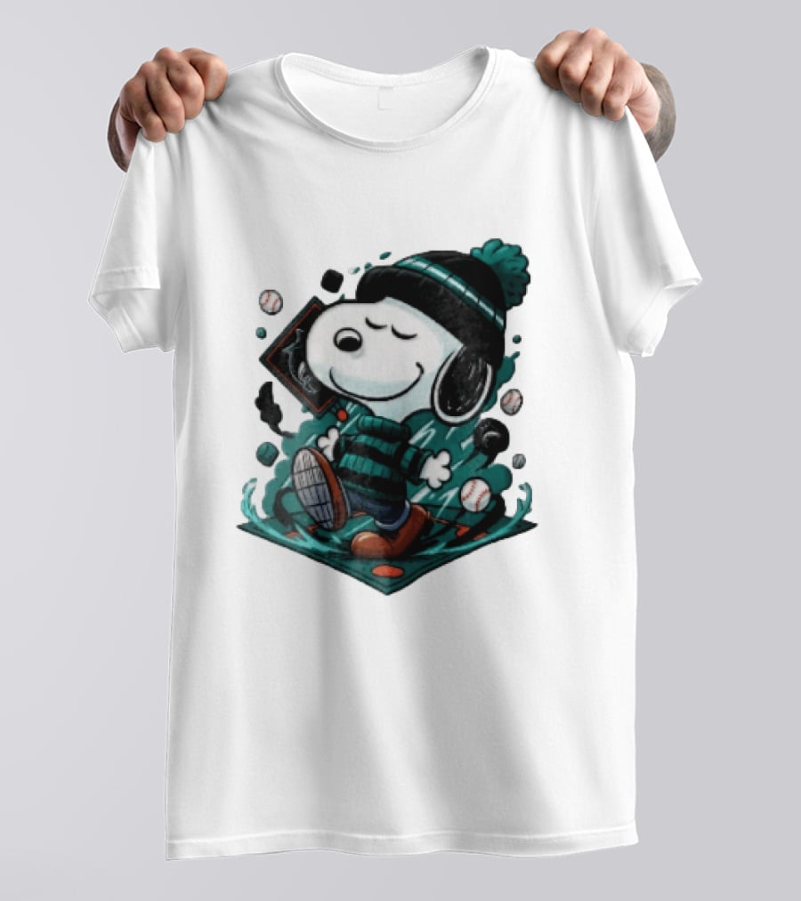 Miami Marlins MLB Snoopy Walking Teal Winter Beanie Striped Baseballs T-Shirt