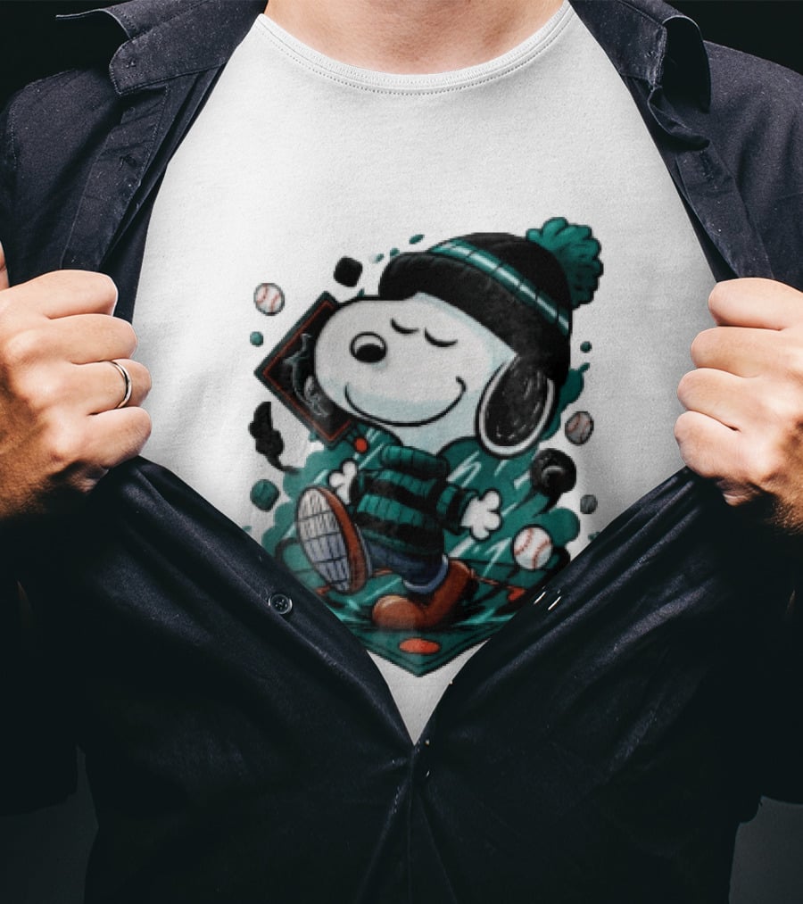 Miami Marlins MLB Snoopy Walking Teal Winter Beanie Striped Baseballs T-Shirt
