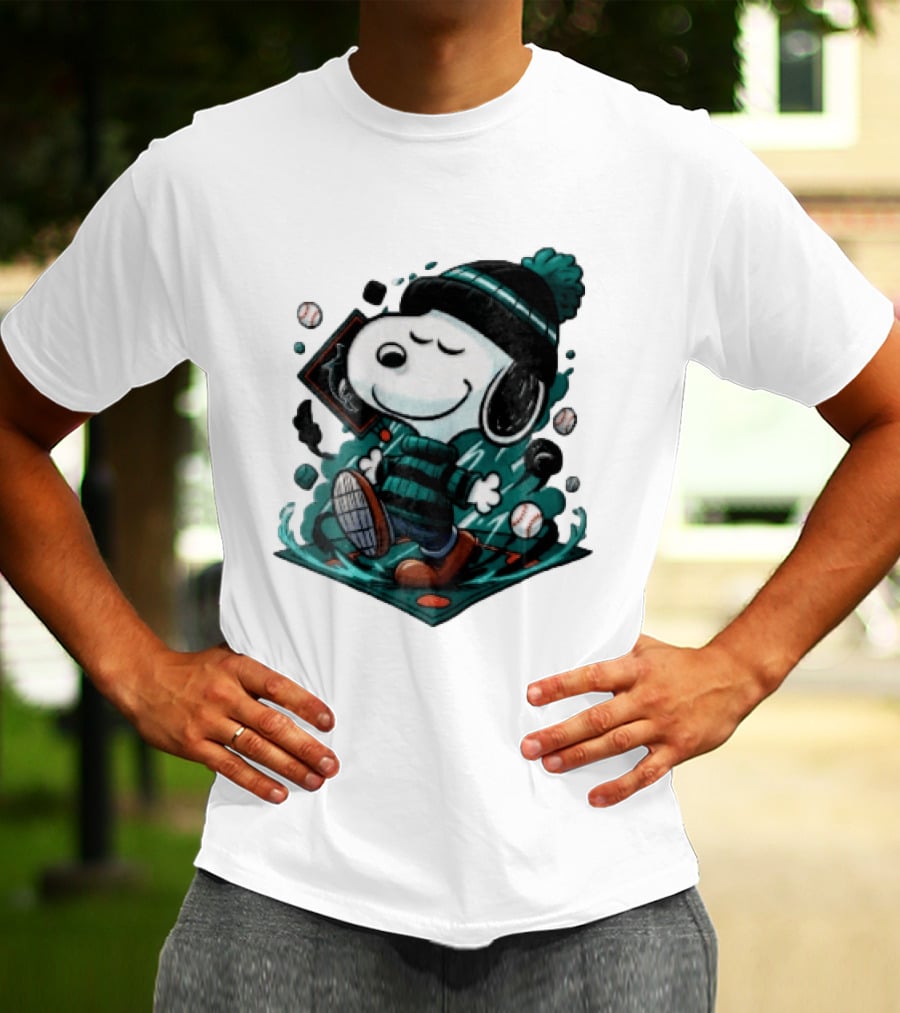Miami Marlins MLB Snoopy Walking Teal Winter Beanie Striped Baseballs T-Shirt