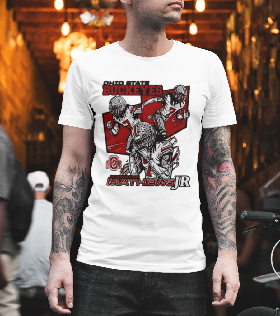 Ohio State Buckeyes Jermaine Mathews Jr. Comic Football Action T-Shirt