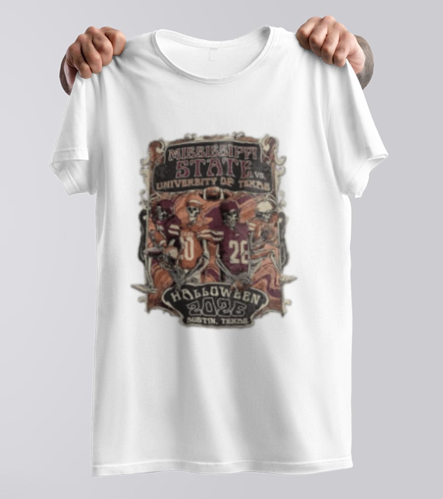 Mississippi State Vs University Of Texas Halloween 2026 Austin Texas Skeleton Football Players T-Shirt