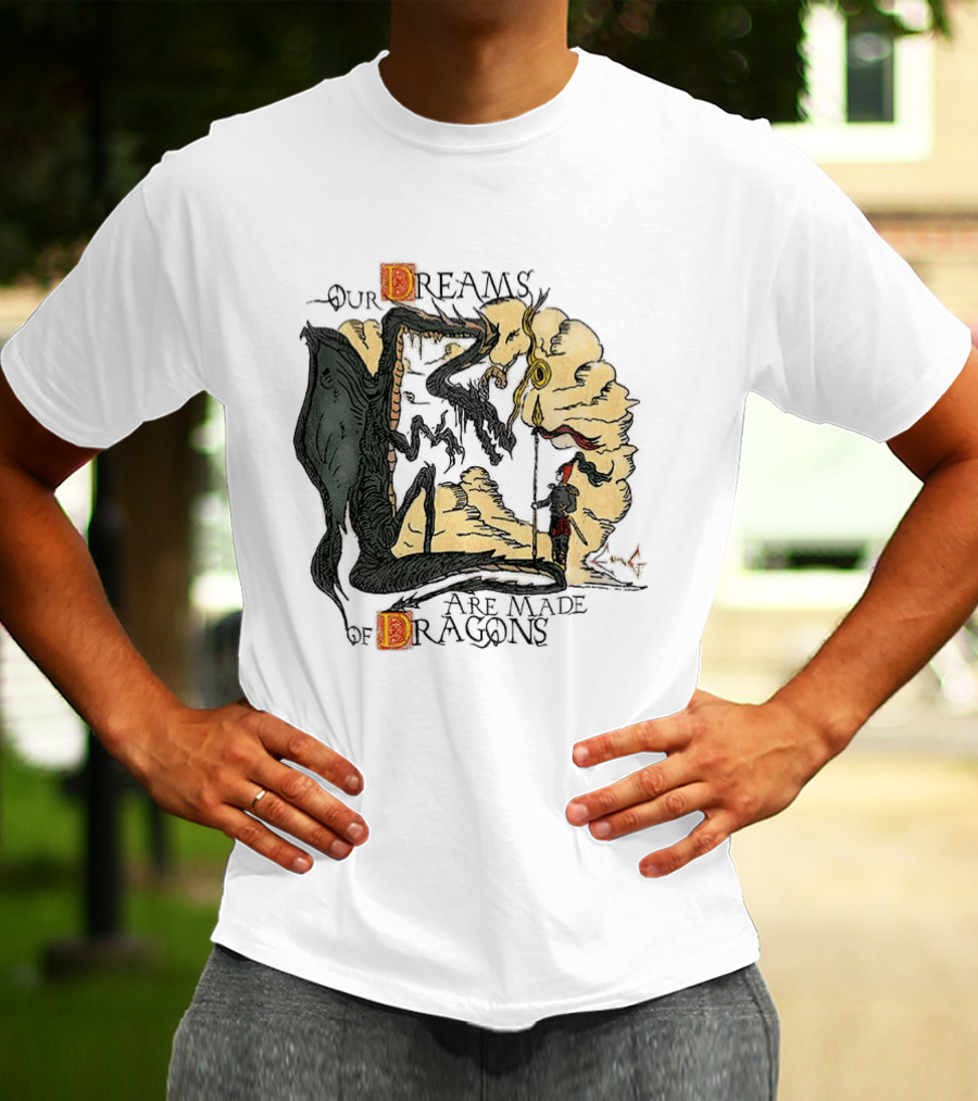 Our Dreams Are Made Of Dragons Artwork Yellow Red Black Fantasy T-Shirt