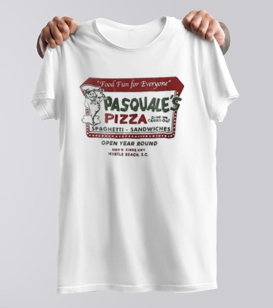 Pasquales Pizza Food Fun For Everyone Myrtle Beach Cartoon Chef Marquee Sign Spaghetti Sandwiches T-Shirt