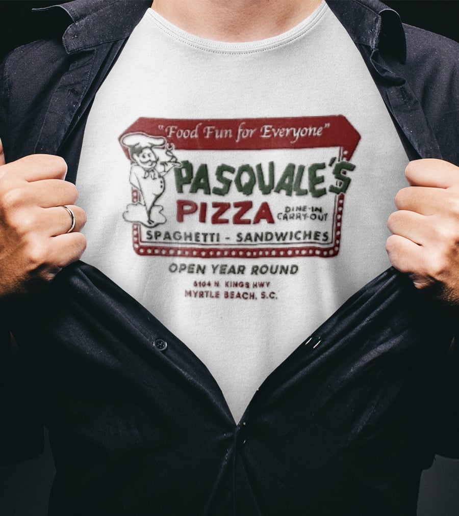 Pasquales Pizza Food Fun For Everyone Myrtle Beach Cartoon Chef Marquee Sign Spaghetti Sandwiches T-Shirt