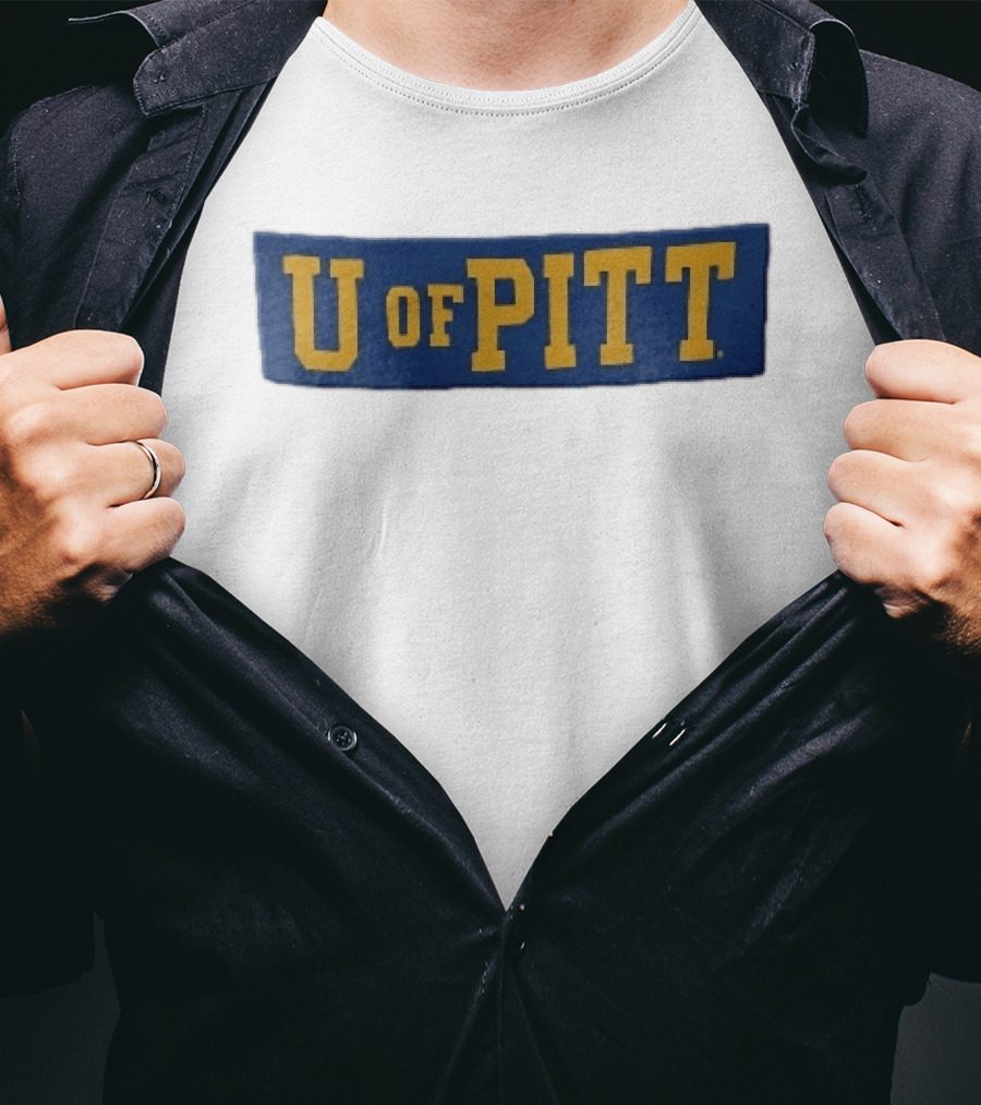 U Of Pitt Blue Wooden Board Yellow Lettering T-Shirt