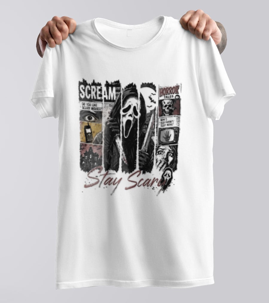 Scream Stay Scary Ghostface Comic Bloody Dagger Do You Like Scary Movies T-Shirt