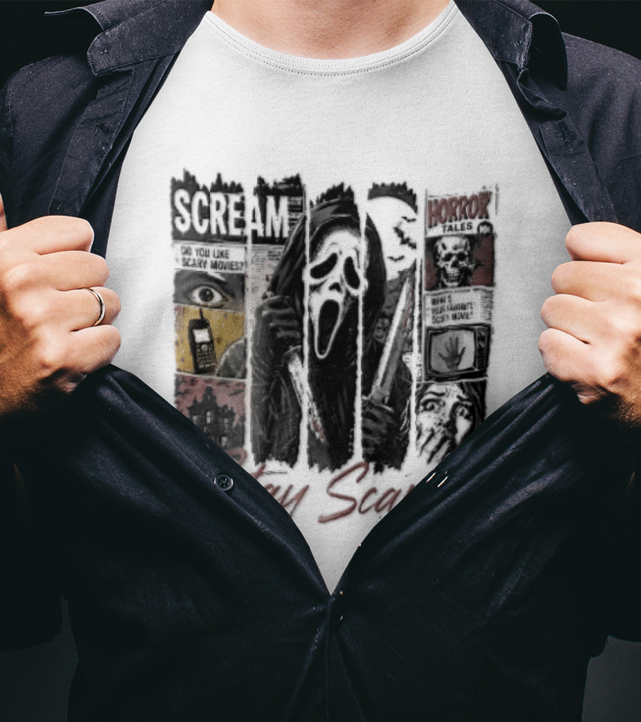 Scream Stay Scary Ghostface Comic Bloody Dagger Do You Like Scary Movies T-Shirt