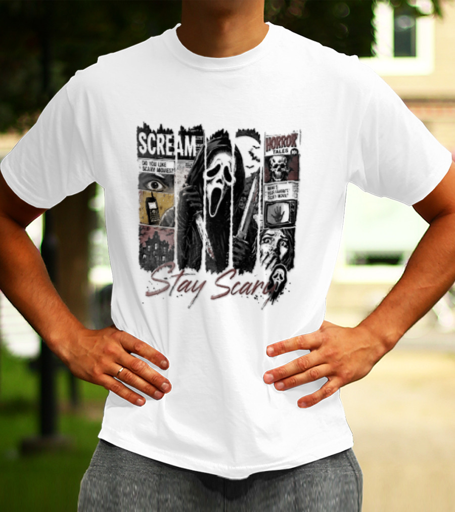 Scream Stay Scary Ghostface Comic Bloody Dagger Do You Like Scary Movies T-Shirt