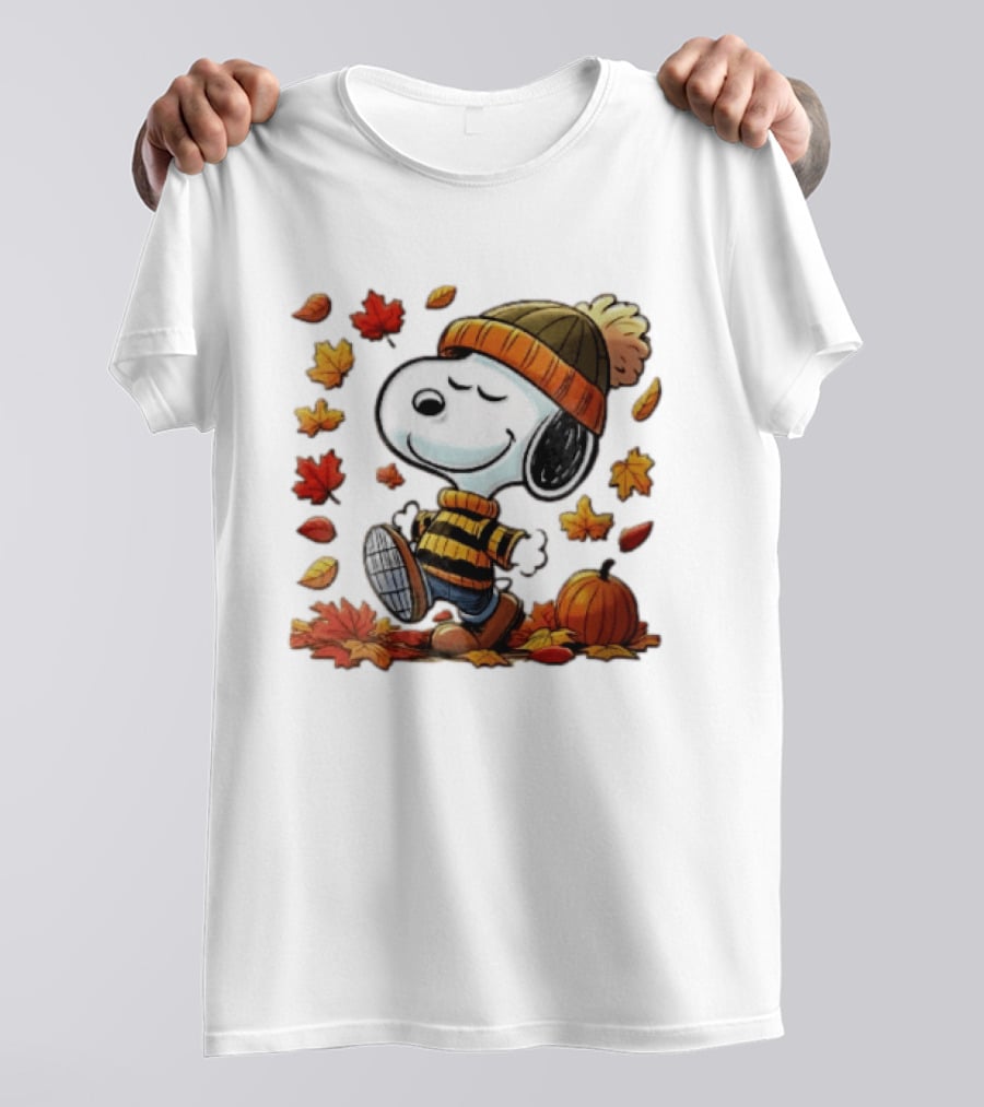 Snoopy Walking In Striped Beanie With Autumn Leaves And Pumpkin T-Shirt