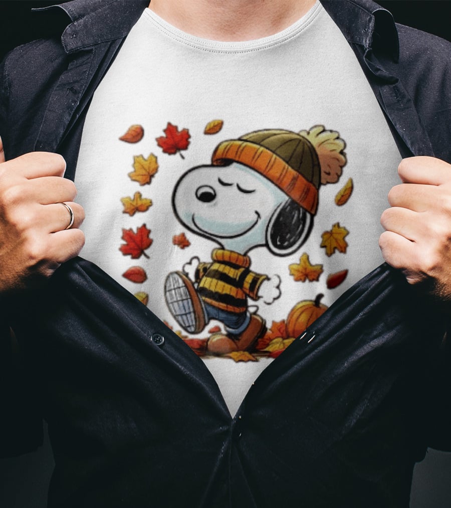 Snoopy Walking In Striped Beanie With Autumn Leaves And Pumpkin T-Shirt