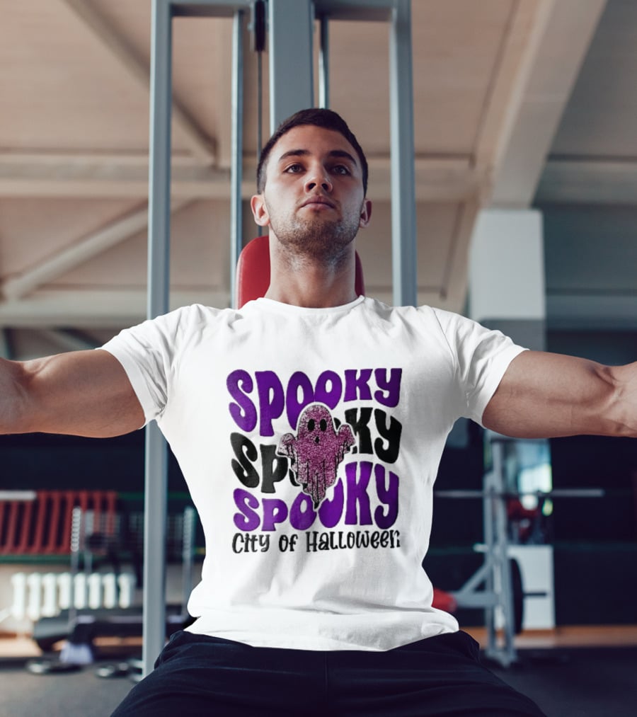 Spooky City Of Halloween Pink Glitter Ghost Retro Groovy T-Shirt