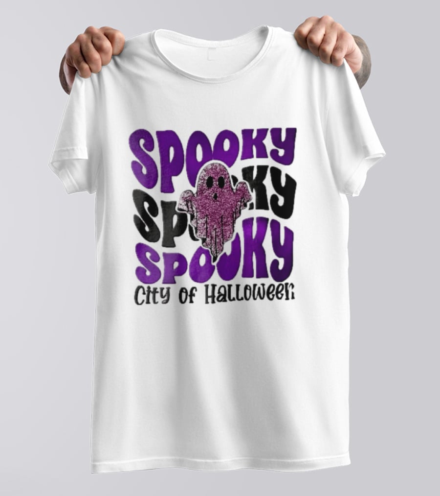 Spooky City Of Halloween Pink Glitter Ghost Retro Groovy T-Shirt