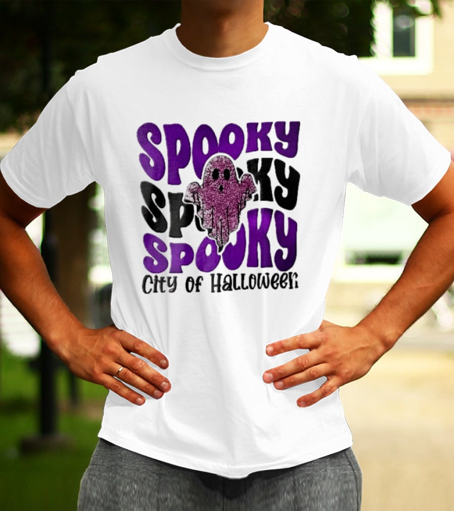 Spooky City Of Halloween Pink Glitter Ghost Retro Groovy T-Shirt