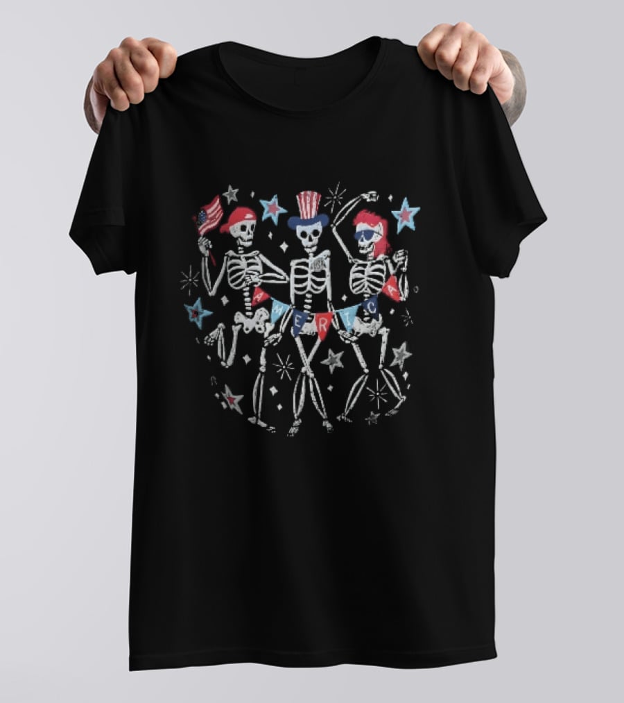 America USA Three Dancing Skeletons Patriotic Uncle Sam Hat Independence Bunting Stars T-Shirt