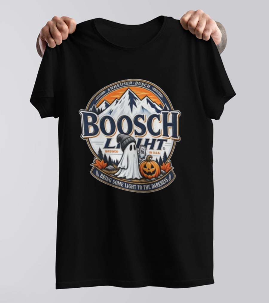 Anheuser Busch Boosch Light Brewed In USA Halloween Ghost Holding Can Jack O Lantern Bring Some Light To The Darkness T-Shirt
