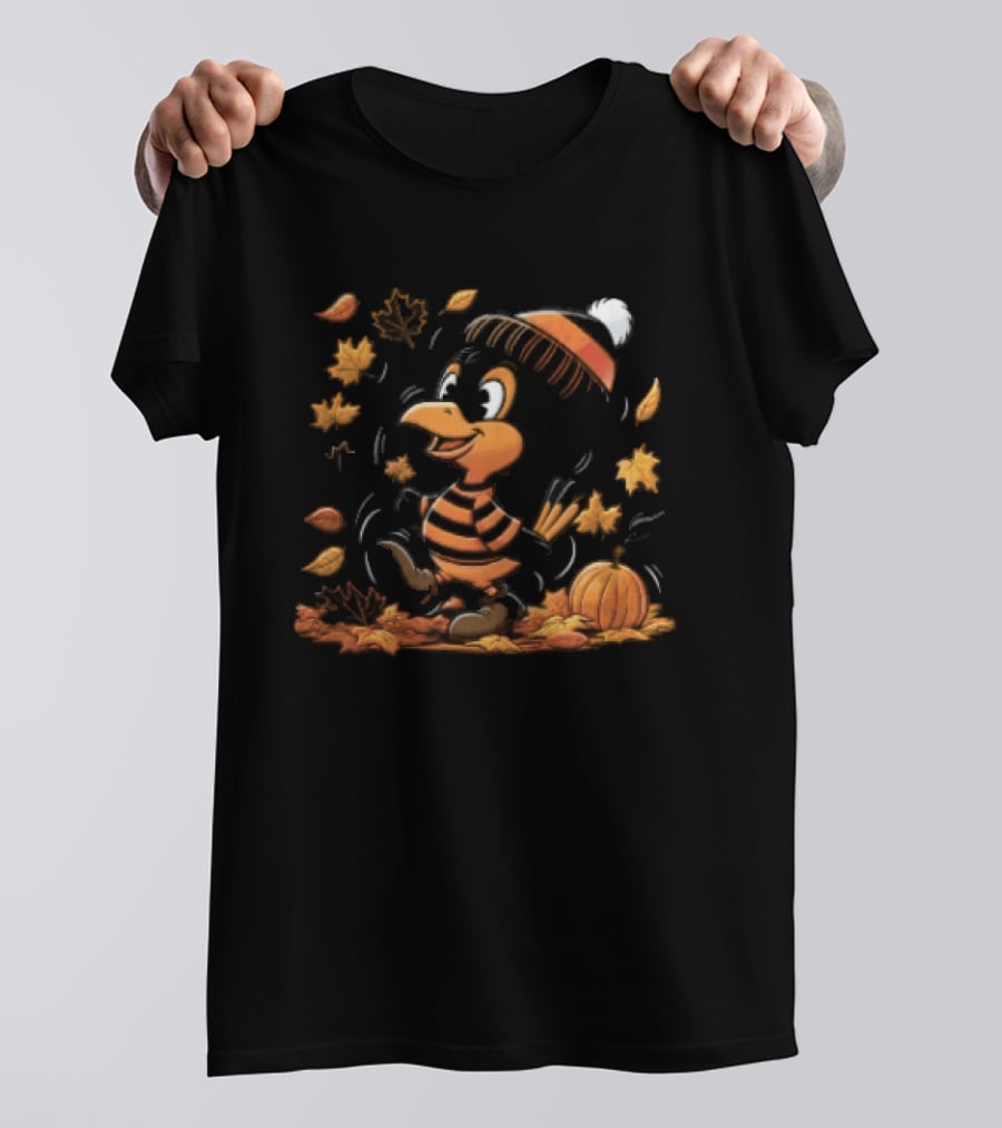 Cartoon Black And Orange Bird Beanie Hat Pumpkin Autumn Falling Leaves T-Shirt