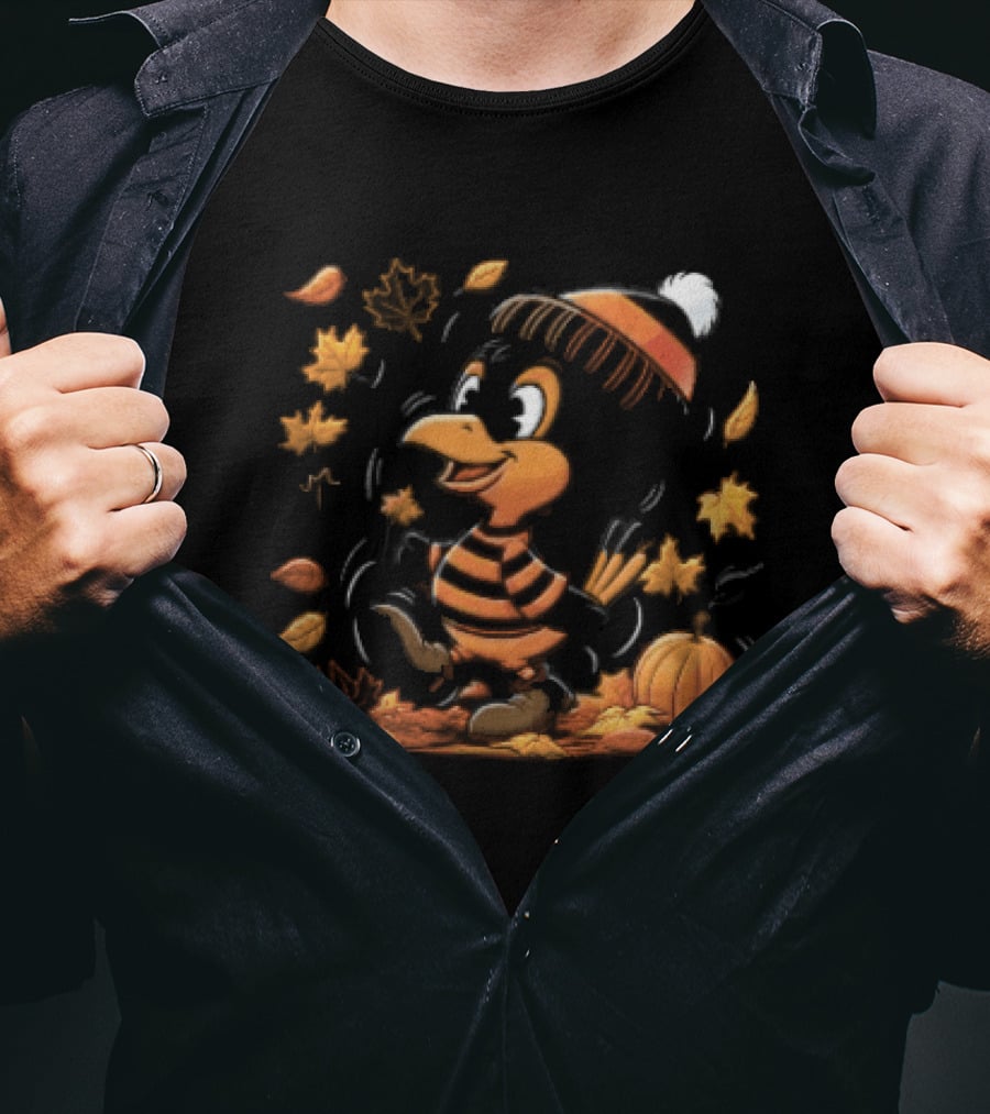 Cartoon Black And Orange Bird Beanie Hat Pumpkin Autumn Falling Leaves T-Shirt
