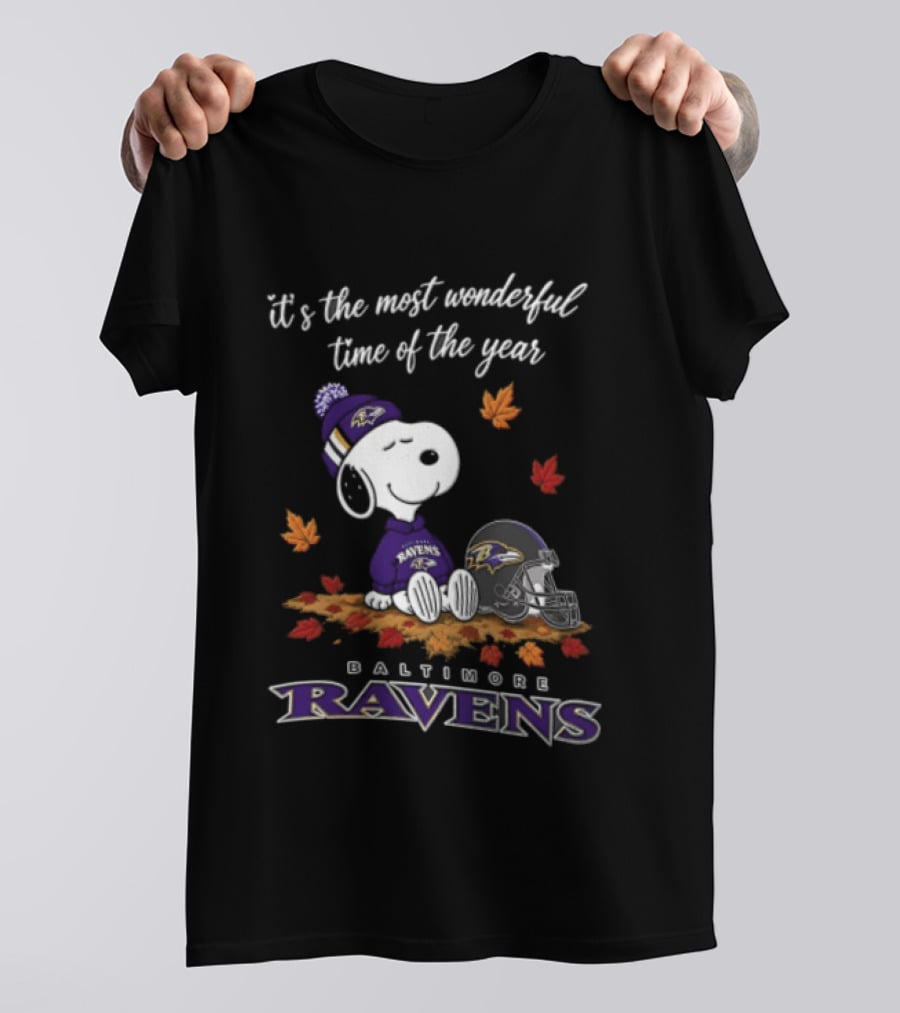 It's The Most Wonderful Time Of The Year Snoopy Baltimore Ravens Beagle Beanie Helmet Autumn Leaves T-Shirt