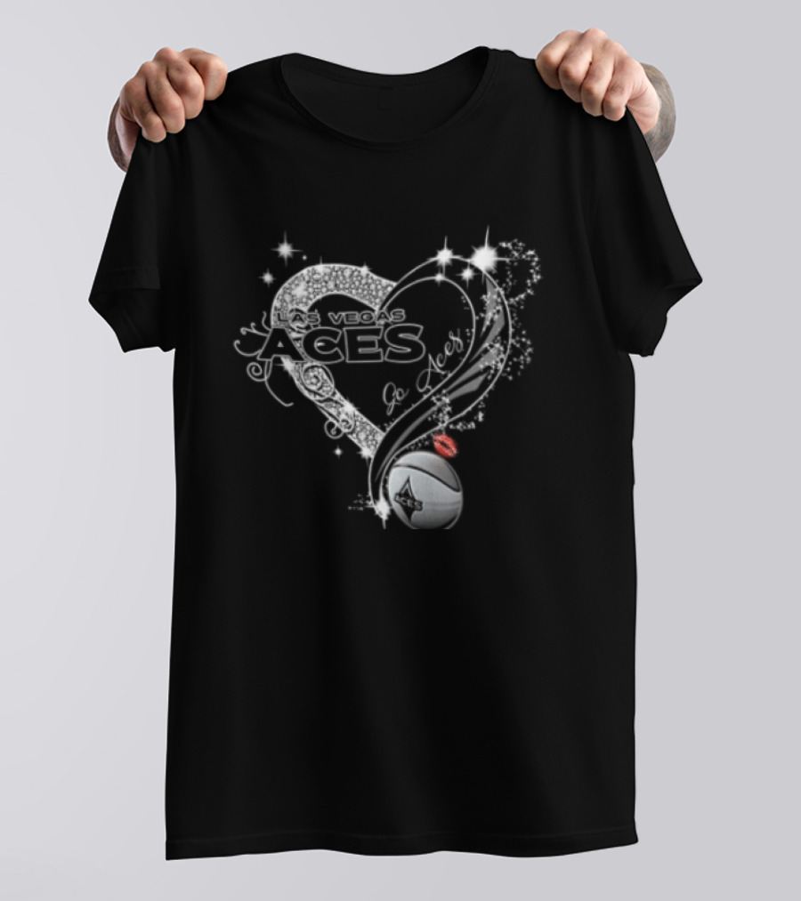Las Vegas Aces WNBA Rhinestone Heart Basketball Sparkles Lips T-Shirt