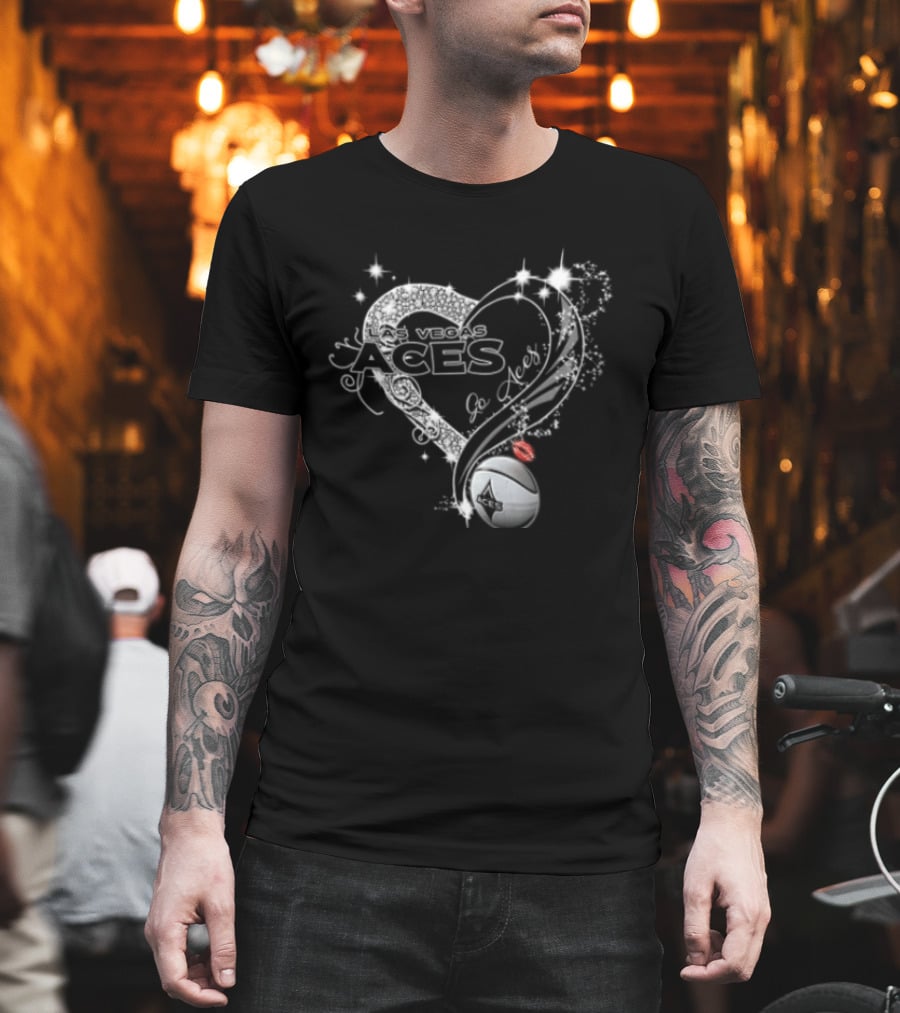 Las Vegas Aces WNBA Rhinestone Heart Basketball Sparkles Lips T-Shirt