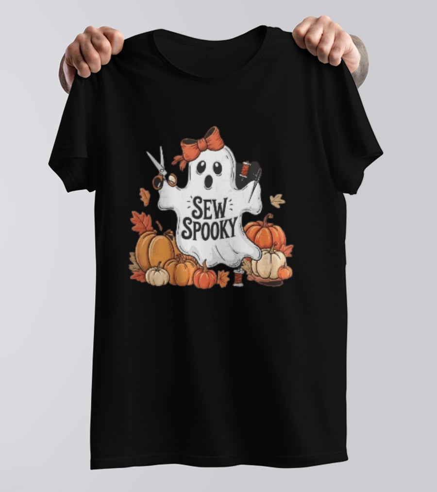 Sew Spooky Ghost With Bow Scissors Pumpkins Autumn Leaves Thread Spools T-Shirt