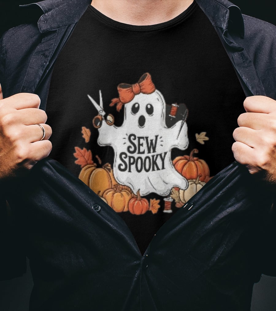 Sew Spooky Ghost With Bow Scissors Pumpkins Autumn Leaves Thread Spools T-Shirt