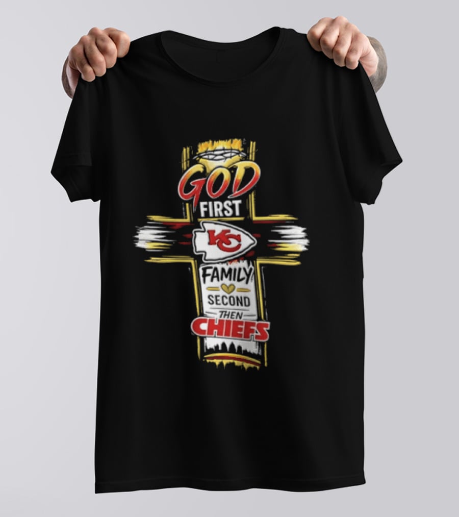 God First Family Second Kansas City Chiefs Cross Crown Of Thorns T-Shirt
