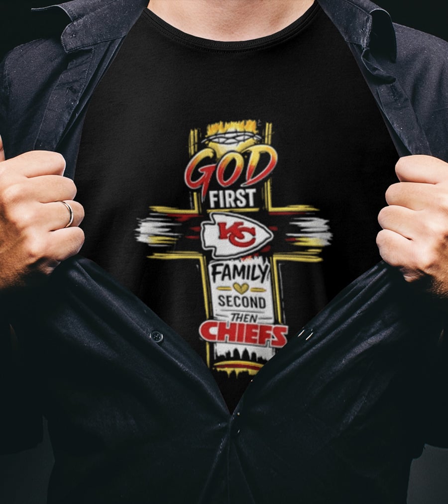 God First Family Second Kansas City Chiefs Cross Crown Of Thorns T-Shirt